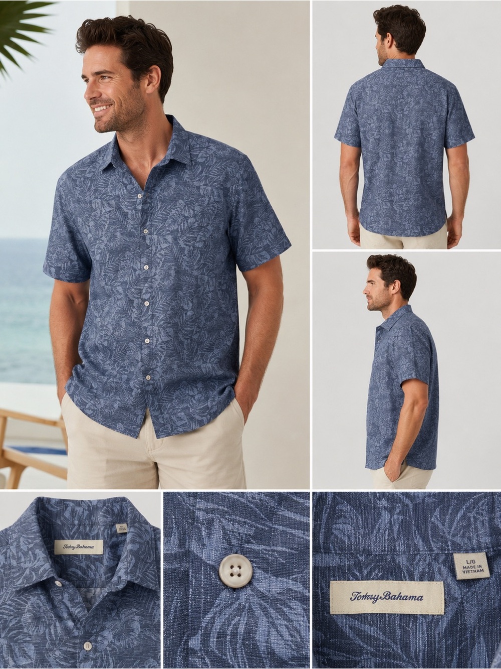 Tommy Bahama Navy Blue Leaf-Print Short-Sleeve Button Shirt